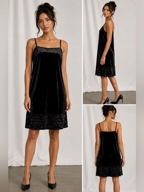 Black Velvet Slip Dress Burnout Hem Goth Dark Feminine Y2K Midi